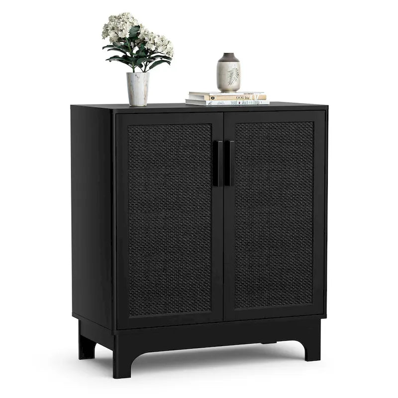 Anmytek Modern 2-Door Black Buffets Sideboards Rattan Kitchen Storage Cabinet with Adjustable Shelf - 31.5 W x 15.7 D x 35 H