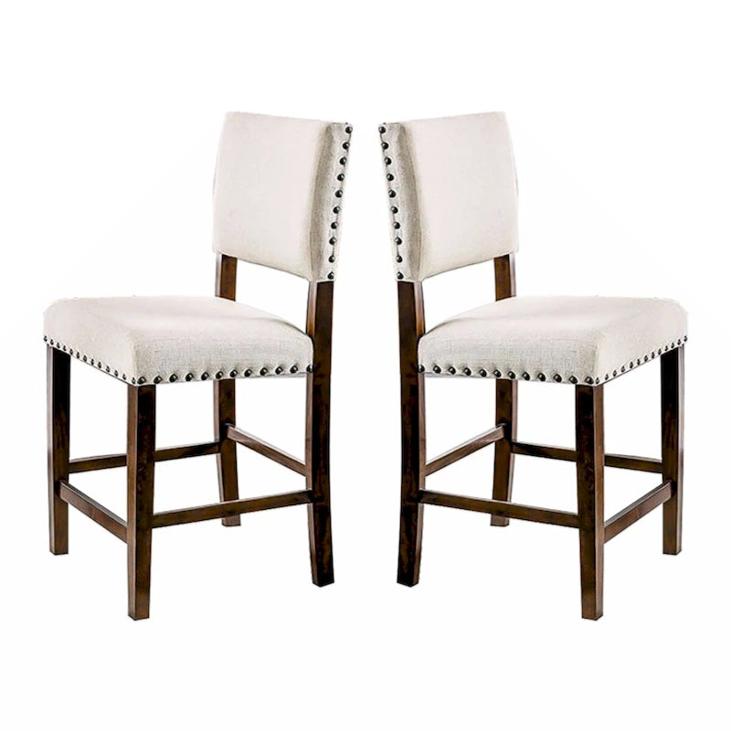 Set of 2 Linen Upholstered Dining Chairs with Nailhead Trim in Brown Cherry and Ivory