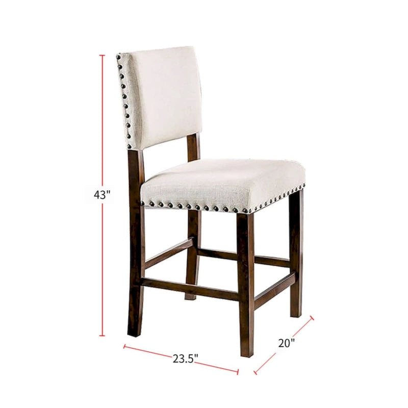 Set of 2 Linen Upholstered Dining Chairs with Nailhead Trim in Brown Cherry and Ivory