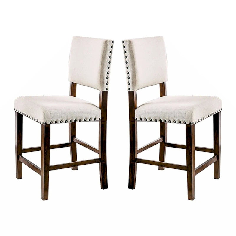 Set of 2 Linen Upholstered Dining Chairs with Nailhead Trim in Brown Cherry and Ivory