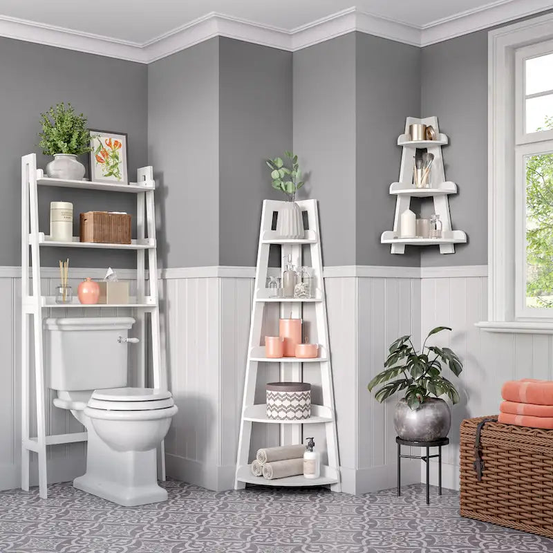 RiverRidge Amery 5-Tier Tall Corner Ladder Shelf Tower with Display Shelf and Corner Storage for Bathroom, Living Room, Office