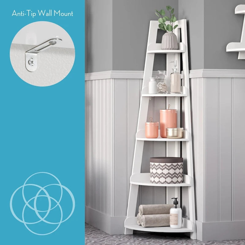 RiverRidge Amery 5-Tier Tall Corner Ladder Shelf Tower with Display Shelf and Corner Storage for Bathroom, Living Room, Office