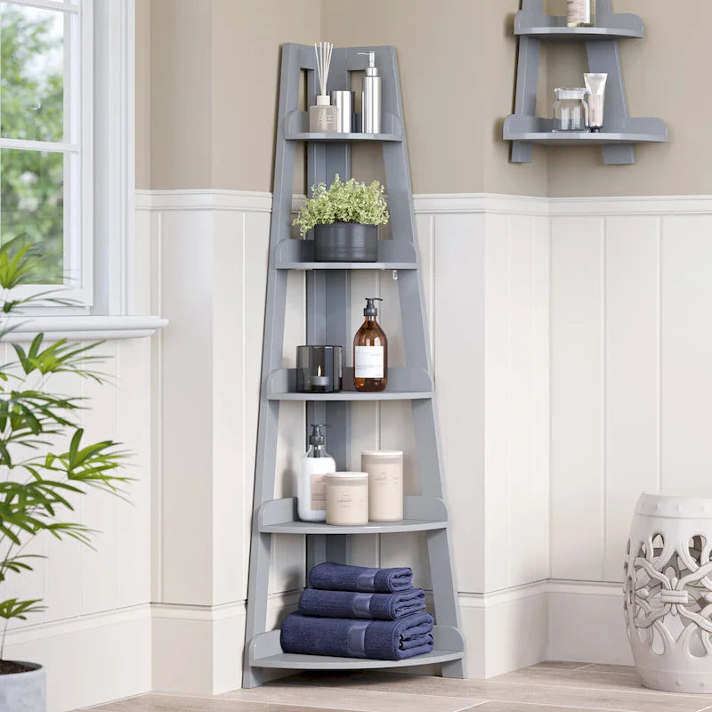 RiverRidge Amery 5-Tier Tall Corner Ladder Shelf Tower with Display Shelf and Corner Storage for Bathroom, Living Room, Office