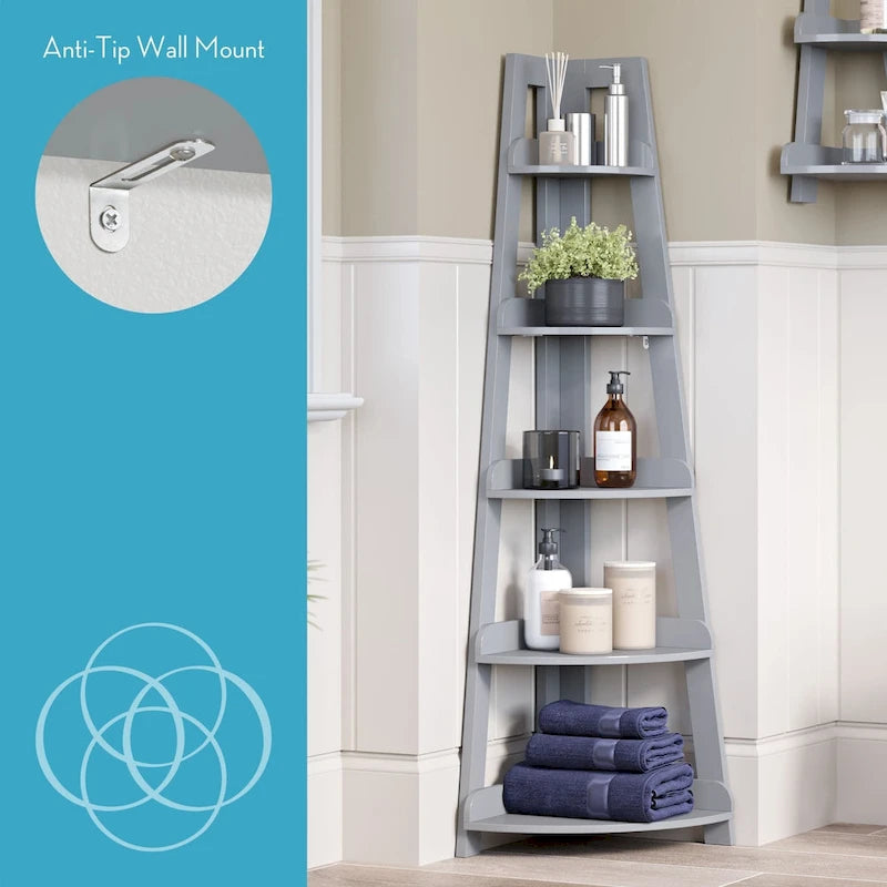RiverRidge Amery 5-Tier Tall Corner Ladder Shelf Tower with Display Shelf and Corner Storage for Bathroom, Living Room, Office