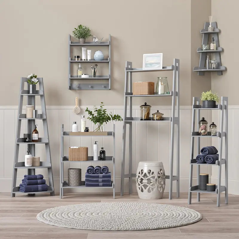 RiverRidge Amery 5-Tier Tall Corner Ladder Shelf Tower with Display Shelf and Corner Storage for Bathroom, Living Room, Office