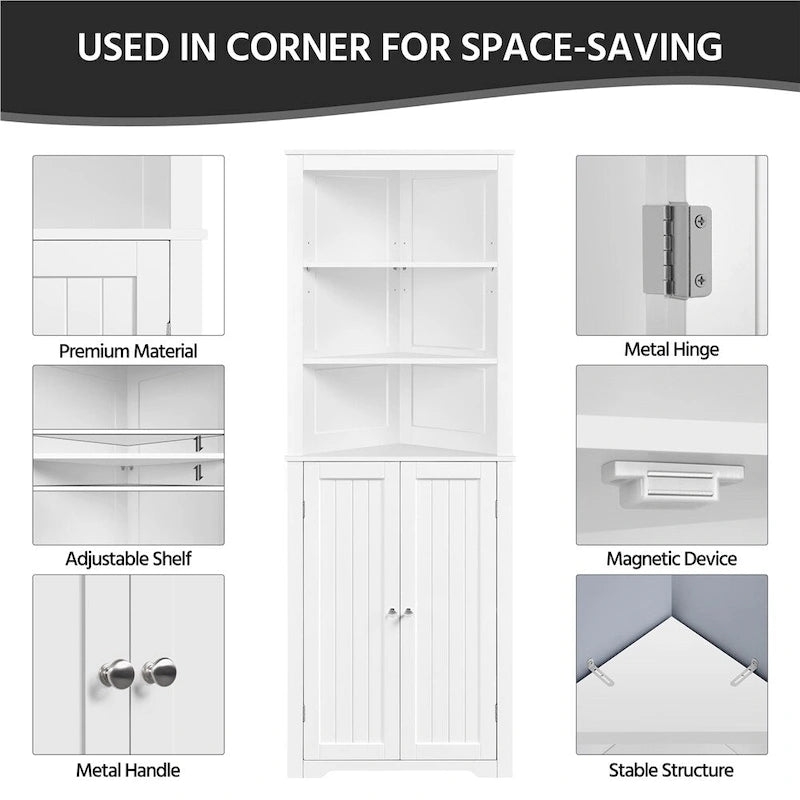 Yaheetech Corner Cabinet Corner Shelving Unit, Freestanding Bathroom Cabinet, White - N/A