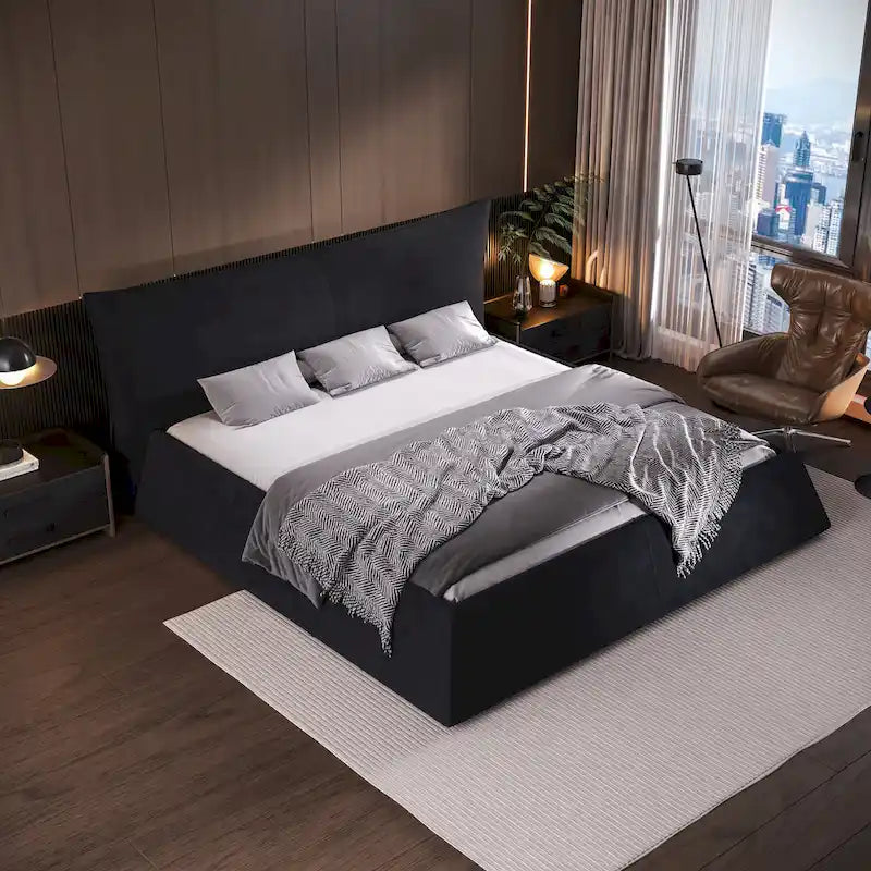 King Size Velvet Upholstered Platform Bed Frame with Soft Padded Headboard
