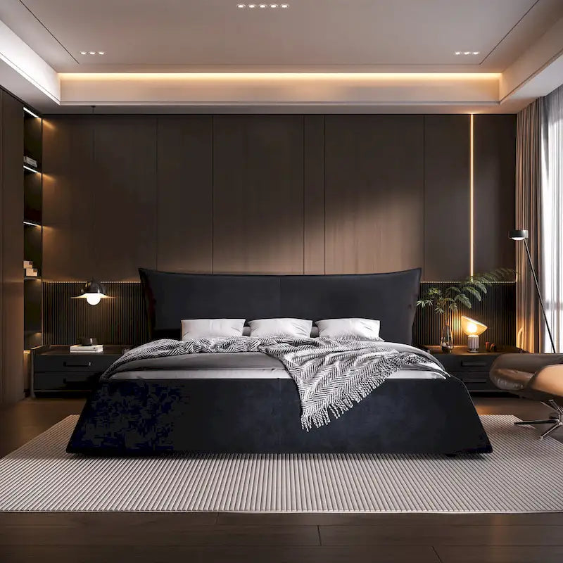 King Size Velvet Upholstered Platform Bed Frame with Soft Padded Headboard