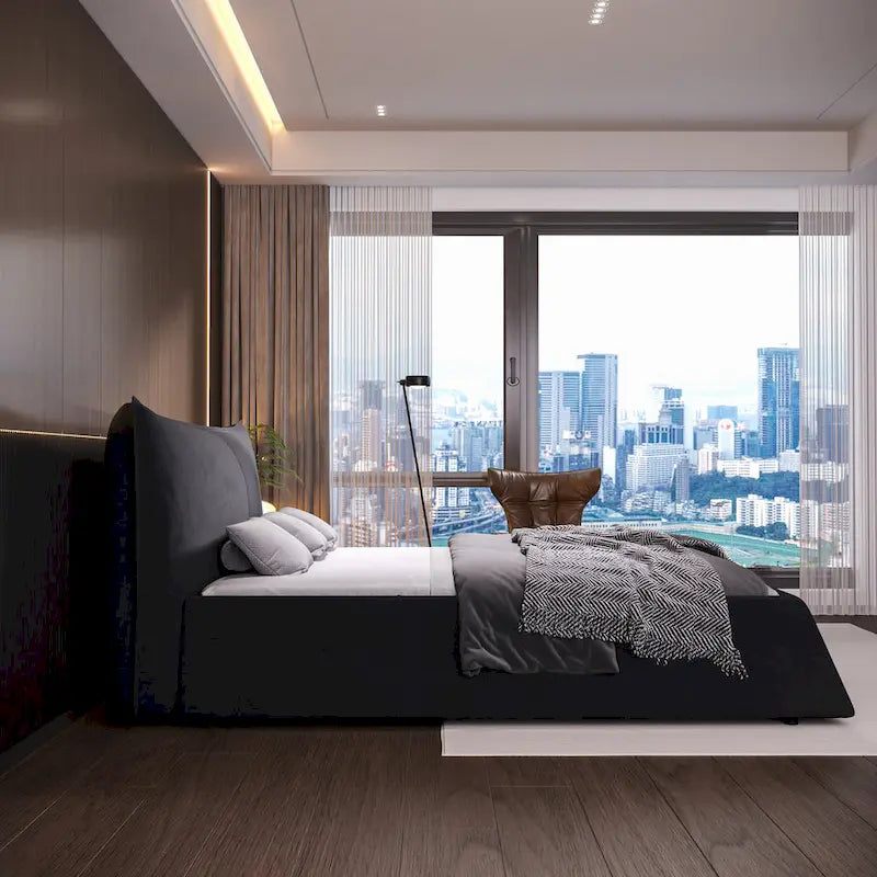 King Size Velvet Upholstered Platform Bed Frame with Soft Padded Headboard