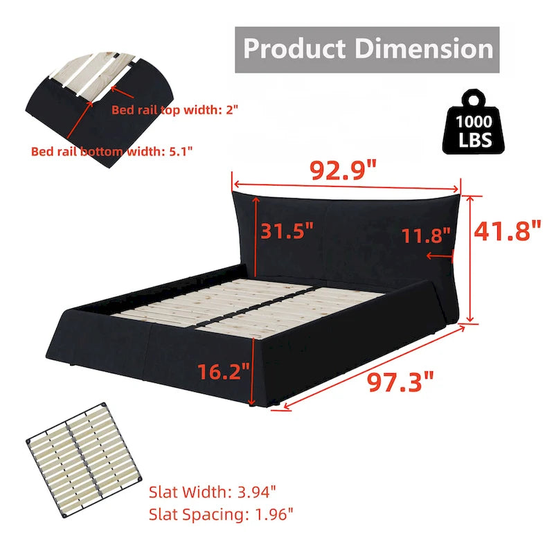 King Size Velvet Upholstered Platform Bed Frame with Soft Padded Headboard
