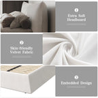 King Size Velvet Upholstered Platform Bed Frame with Soft Padded Headboard