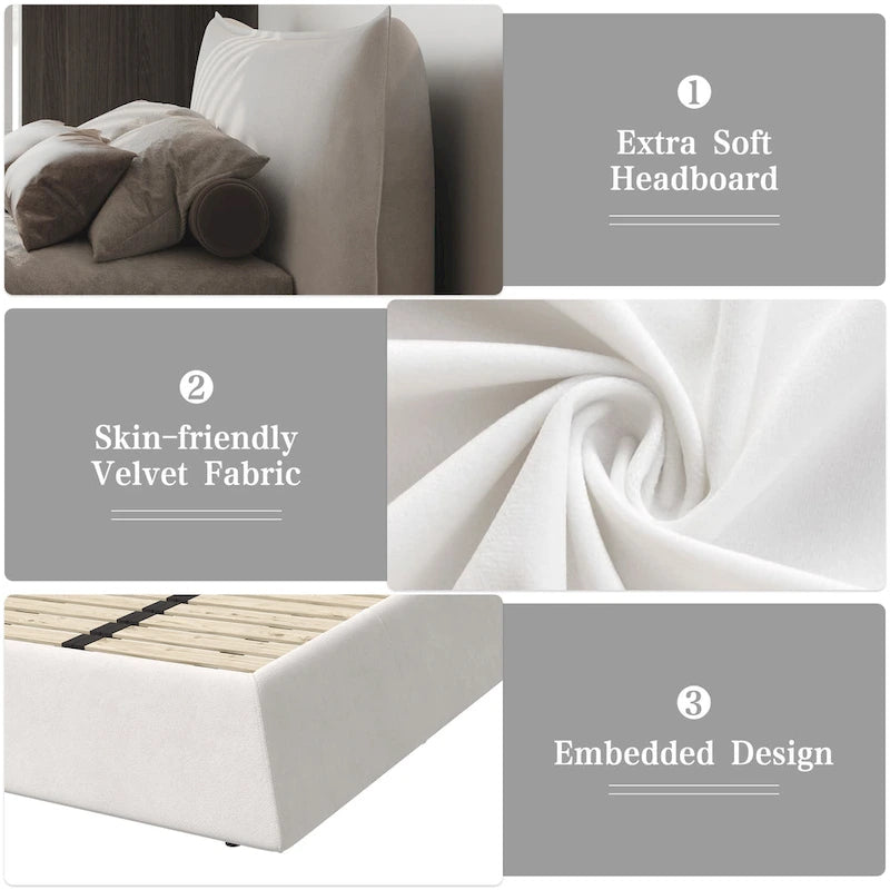 King Size Velvet Upholstered Platform Bed Frame with Soft Padded Headboard