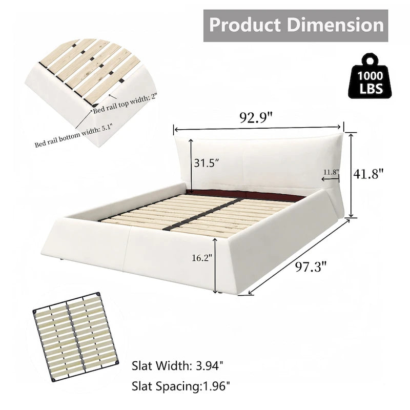 King Size Velvet Upholstered Platform Bed Frame with Soft Padded Headboard