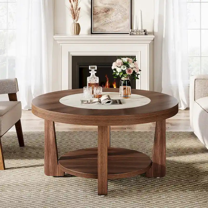 Brown/ White Wood Round 2-Tier Coffee Table for Living Room