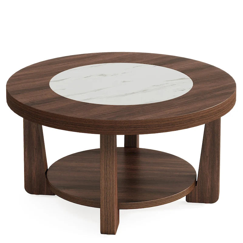 Brown/ White Wood Round 2-Tier Coffee Table for Living Room