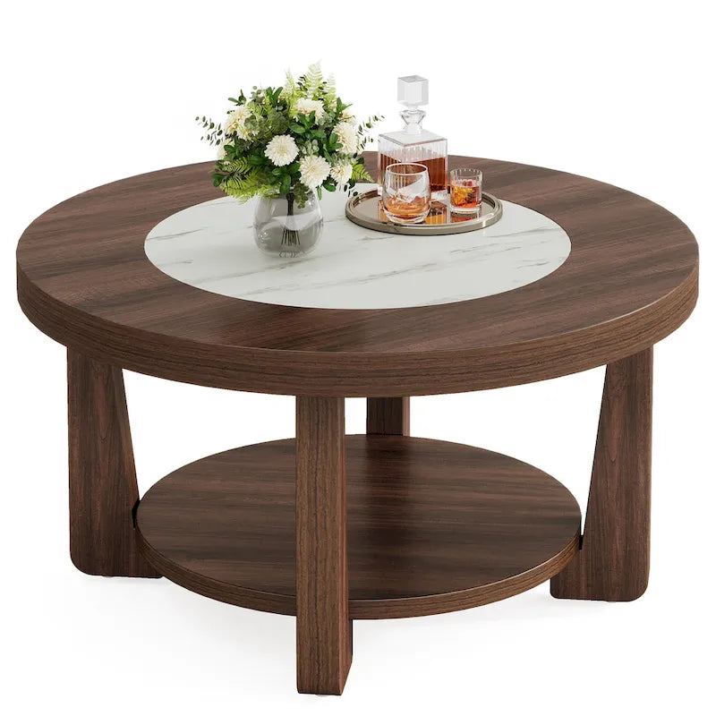 Brown/ White Wood Round 2-Tier Coffee Table for Living Room