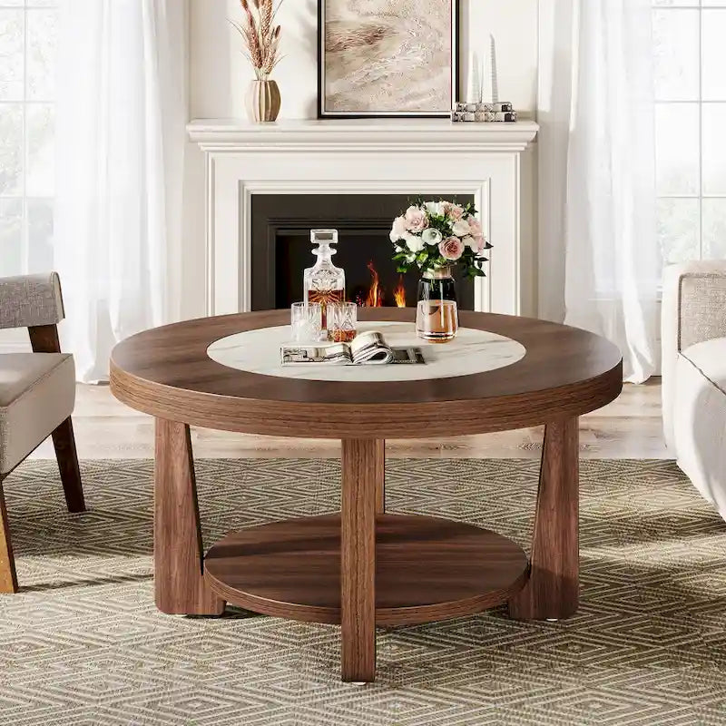 Brown/ White Wood Round 2-Tier Coffee Table for Living Room