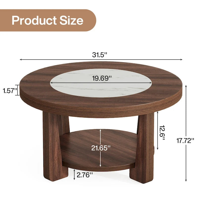 Brown/ White Wood Round 2-Tier Coffee Table for Living Room