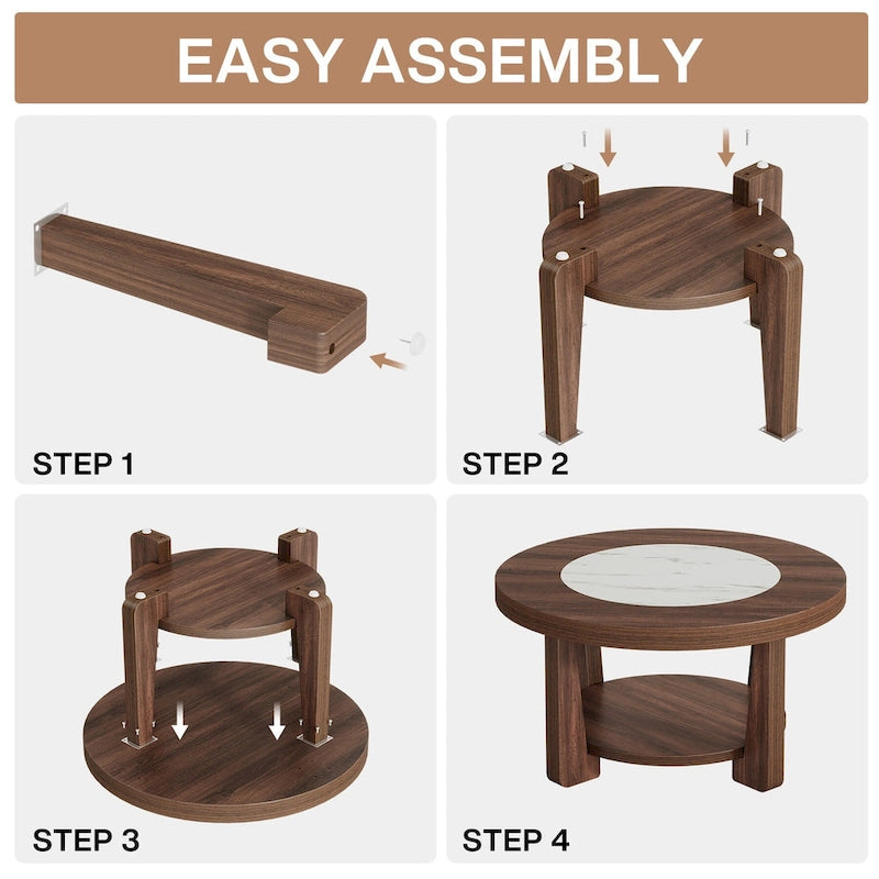 Brown/ White Wood Round 2-Tier Coffee Table for Living Room