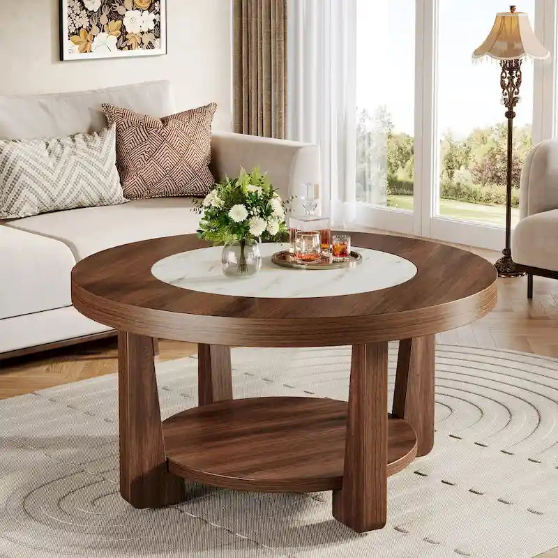Brown/ White Wood Round 2-Tier Coffee Table for Living Room