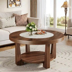 Brown/ White Wood Round 2-Tier Coffee Table for Living Room