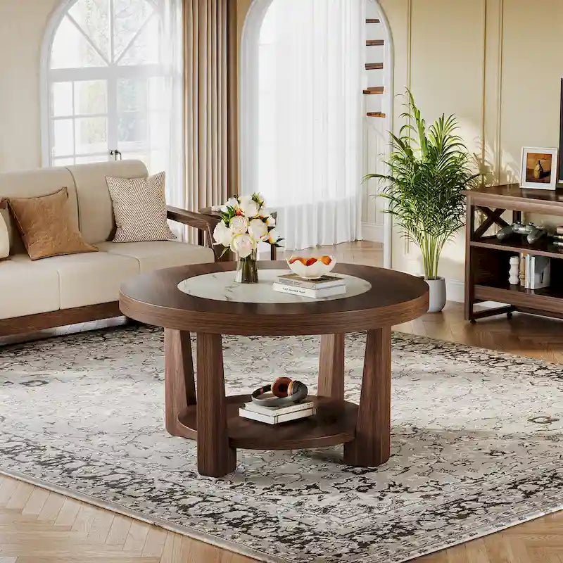 Brown/ White Wood Round 2-Tier Coffee Table for Living Room