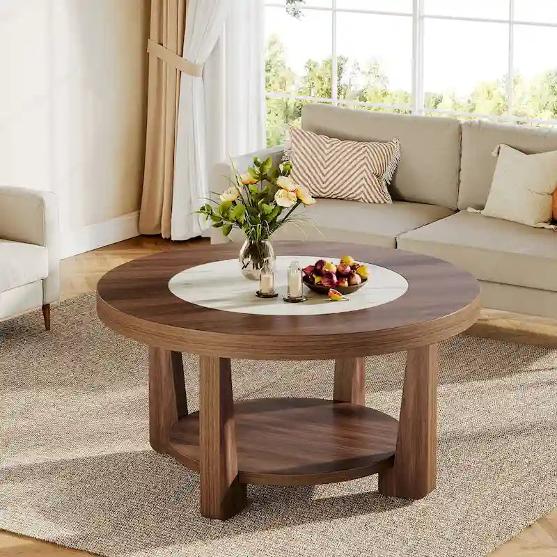 Brown/ White Wood Round 2-Tier Coffee Table for Living Room
