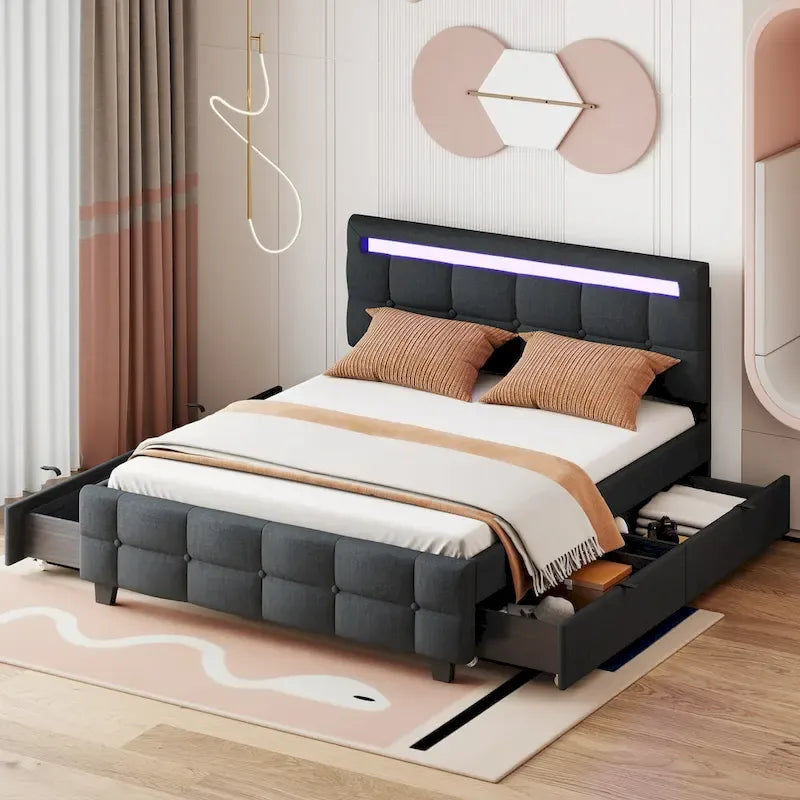 Queen Size Upholstered Platform Bed with LED Frame and 4 Drawers