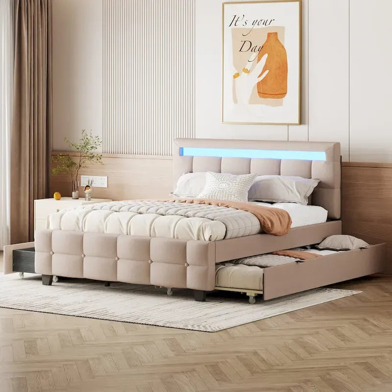 Queen Size Upholstered Platform Bed with LED Frame and 4 Drawers
