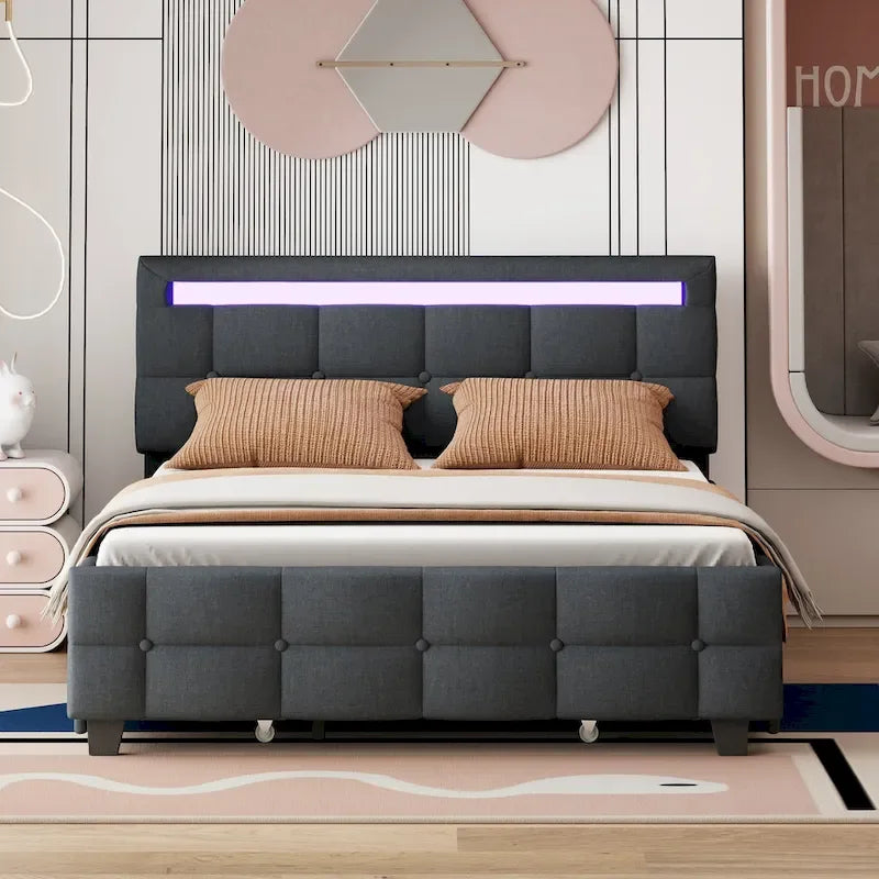 Queen Size Upholstered Platform Bed with LED Frame and 4 Drawers