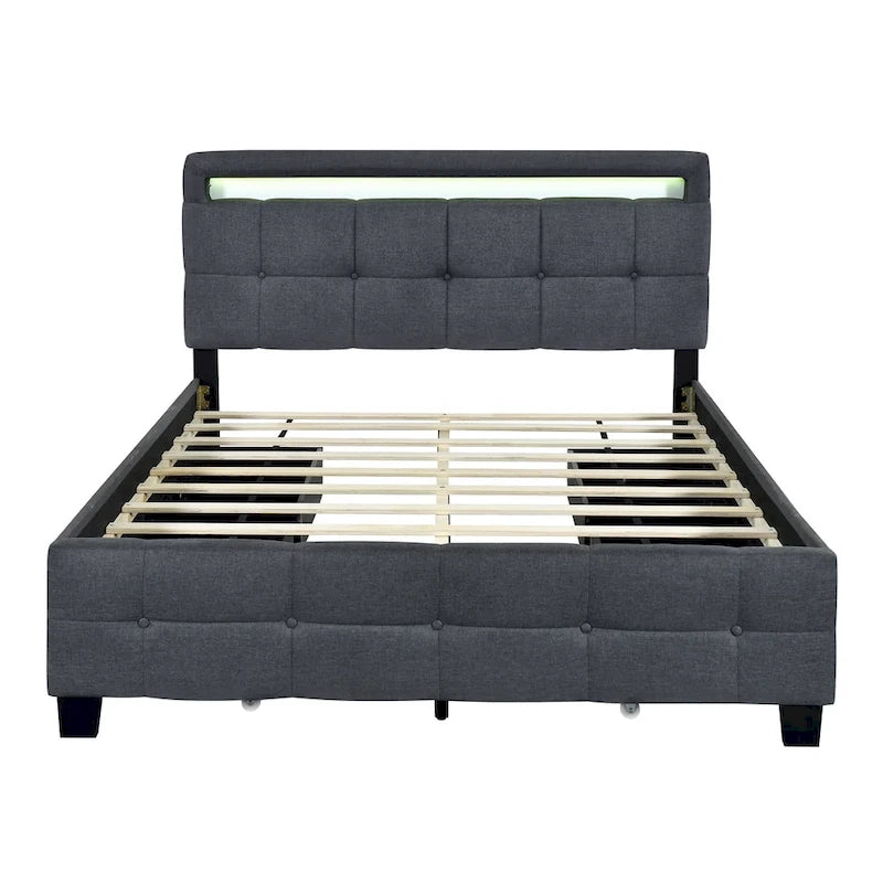 Queen Size Upholstered Platform Bed with LED Frame and 4 Drawers