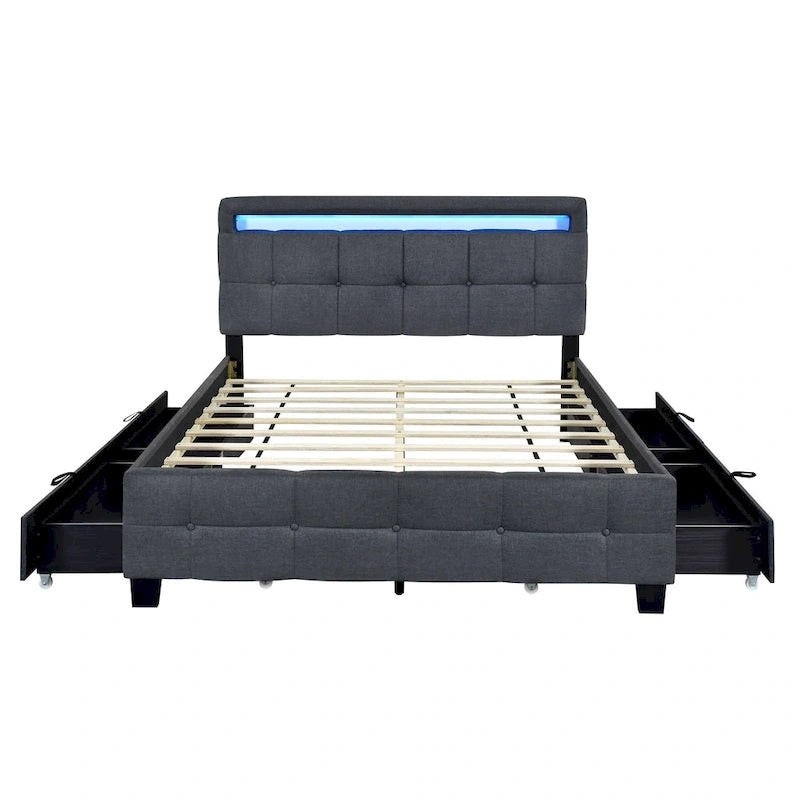 Queen Size Upholstered Platform Bed with LED Frame and 4 Drawers