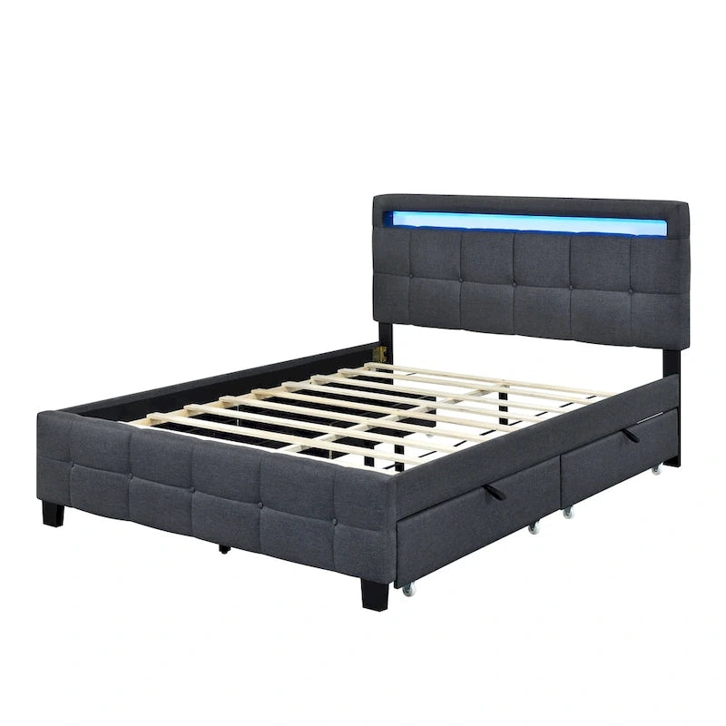 Queen Size Upholstered Platform Bed with LED Frame and 4 Drawers