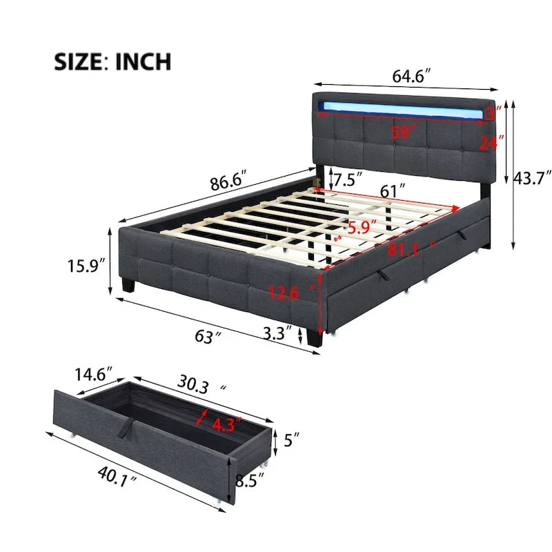 Queen Size Upholstered Platform Bed with LED Frame and 4 Drawers