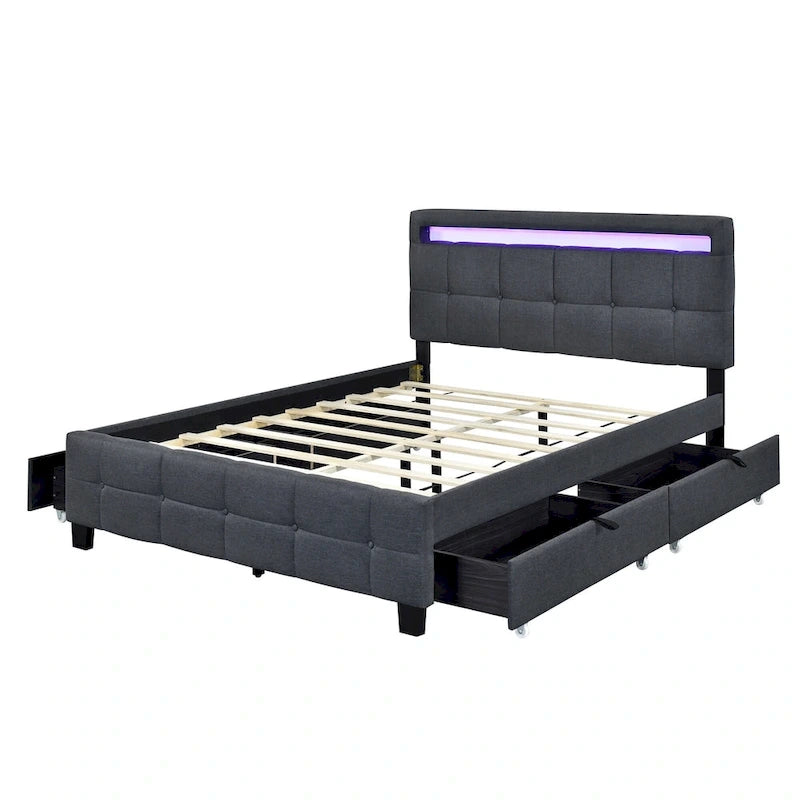 Queen Size Upholstered Platform Bed with LED Frame and 4 Drawers