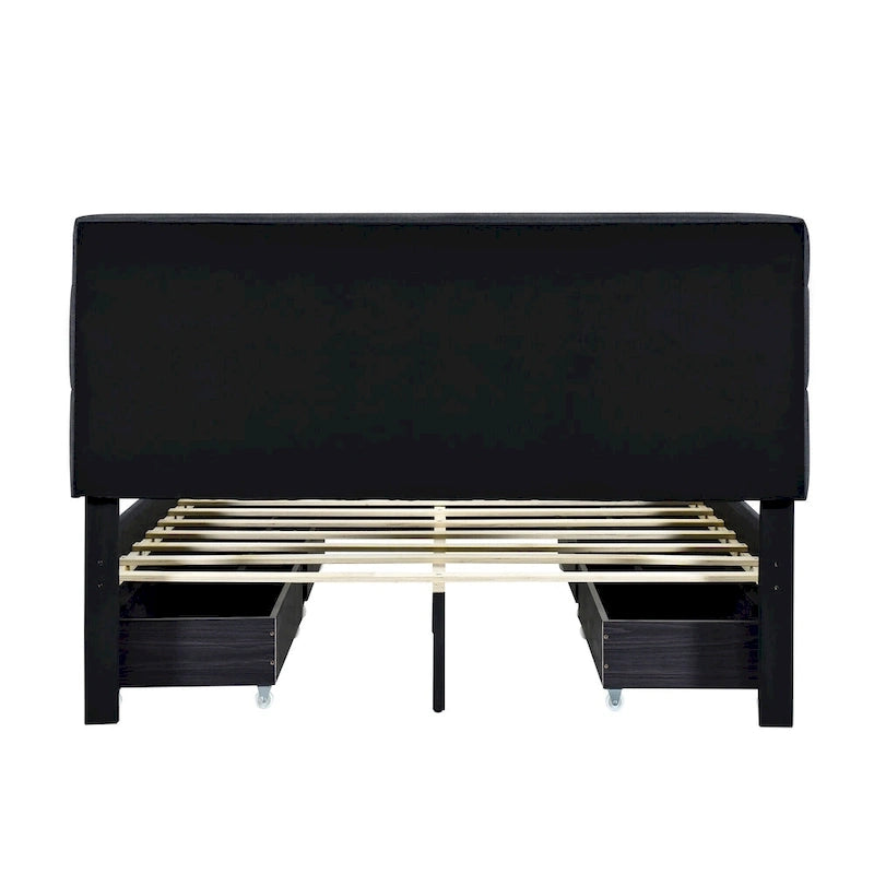 Queen Size Upholstered Platform Bed with LED Frame and 4 Drawers