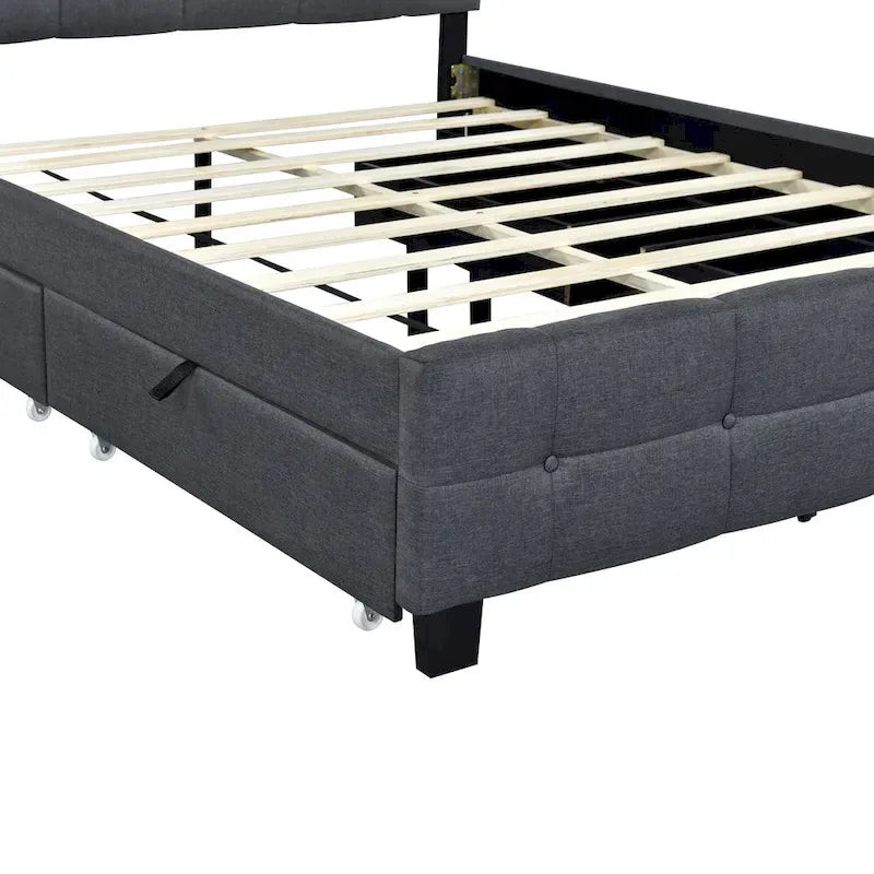 Queen Size Upholstered Platform Bed with LED Frame and 4 Drawers