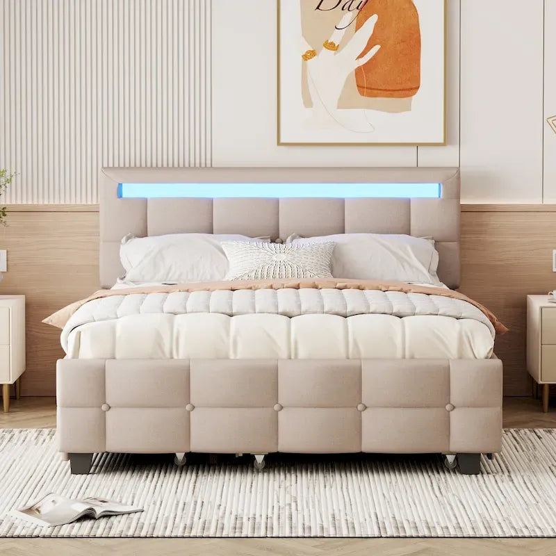 Queen Size Upholstered Platform Bed with LED Frame and 4 Drawers