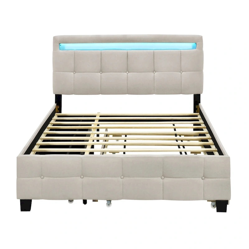Queen Size Upholstered Platform Bed with LED Frame and 4 Drawers