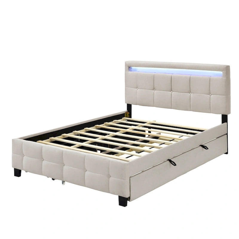 Queen Size Upholstered Platform Bed with LED Frame and 4 Drawers