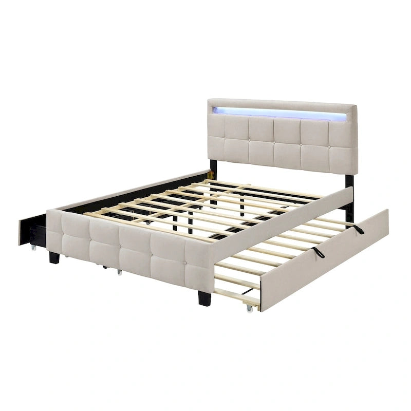 Queen Size Upholstered Platform Bed with LED Frame and 4 Drawers