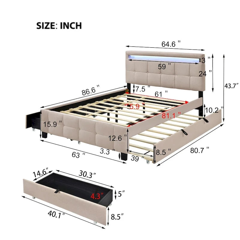 Queen Size Upholstered Platform Bed with LED Frame and 4 Drawers