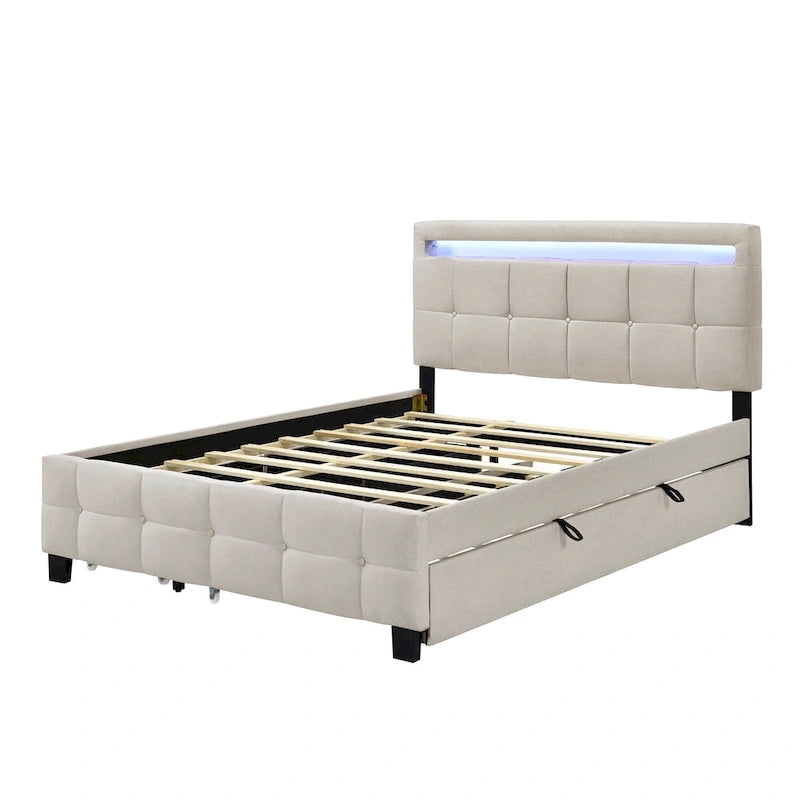 Queen Size Upholstered Platform Bed with LED Frame and 4 Drawers