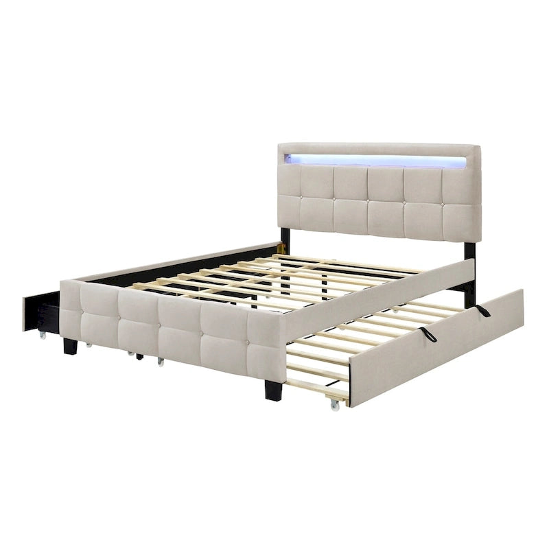 Queen Size Upholstered Platform Bed with LED Frame and 4 Drawers