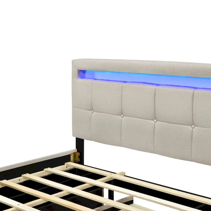 Queen Size Upholstered Platform Bed with LED Frame and 4 Drawers
