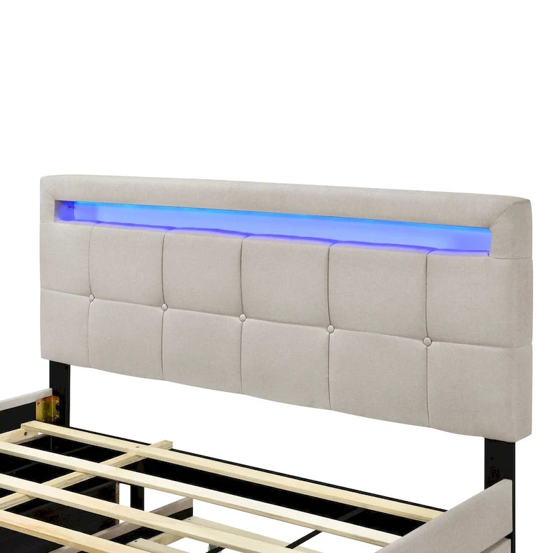 Queen Size Upholstered Platform Bed with LED Frame and 4 Drawers