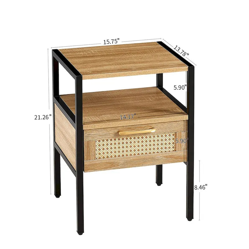 Set of 2, 15.75 Rattan End table with drawer, Modern nightstand, metal legs, side table for living room, bedroom