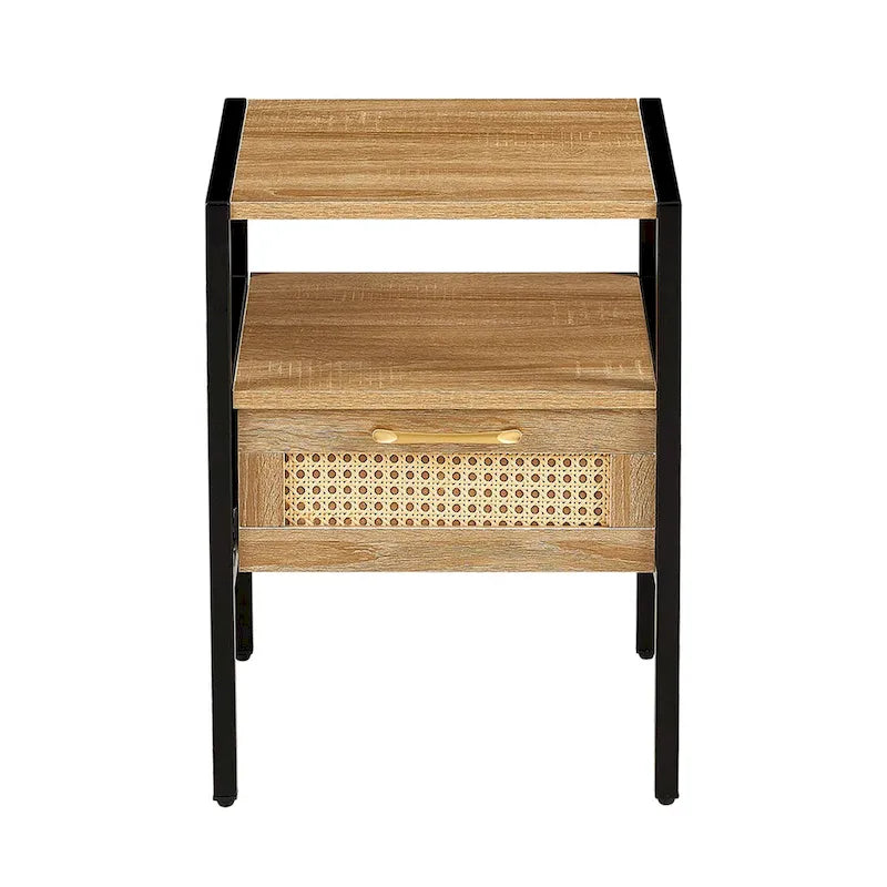 Set of 2, 15.75 Rattan End table with drawer, Modern nightstand, metal legs, side table for living room, bedroom