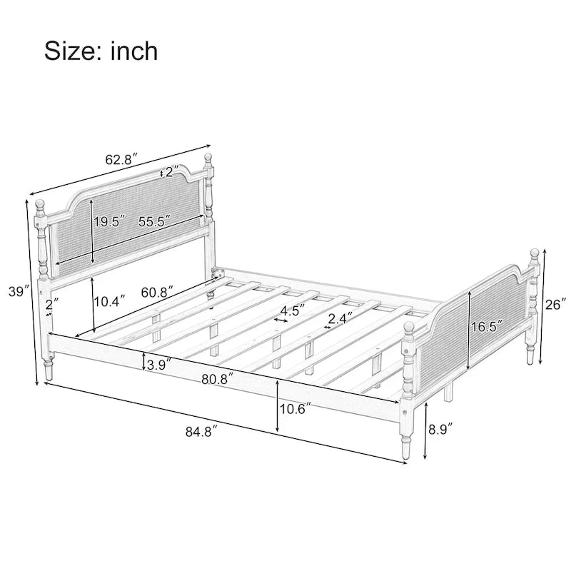Traditional Style Rattan Queen Size Bed Frame,No Box Spring Needed