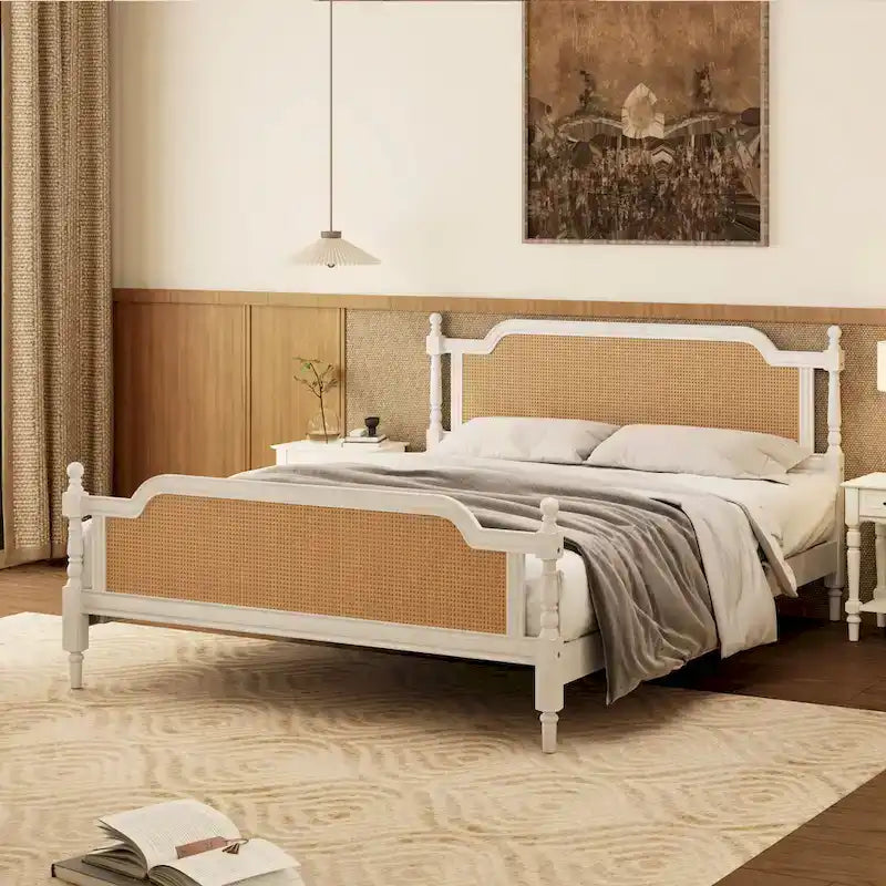 Traditional Style Rattan Queen Size Bed Frame,No Box Spring Needed